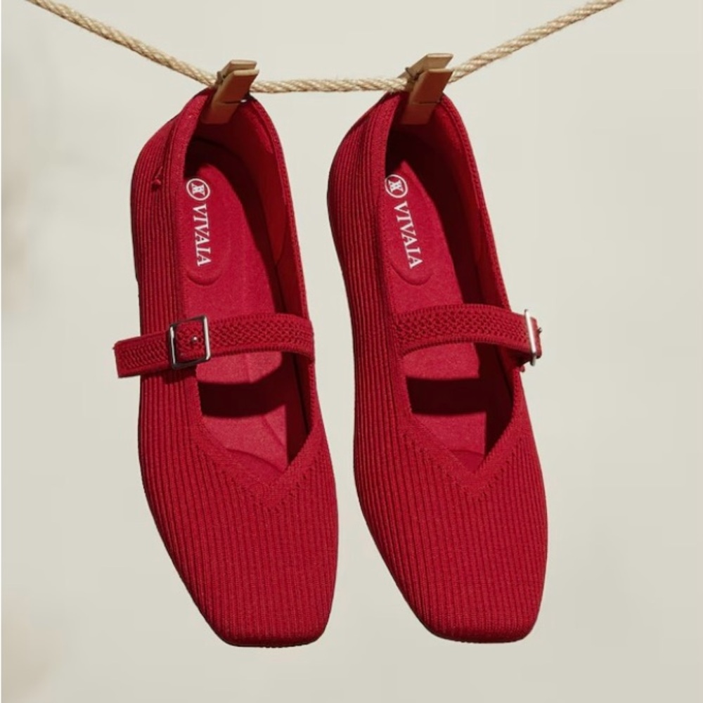 VIVAIA Red Square Toe Mary Jane Flats with Buckle Strap
